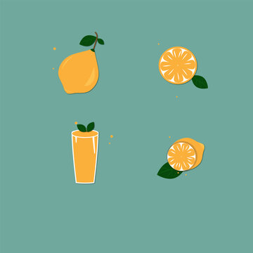 Vector set of juicy yellow with green leaves,lemon slices, half lemon,and glass of lemon coctail. A bringt and refreshing citrus collection, perfect for summer designs, beverages, menus, pacaging. 