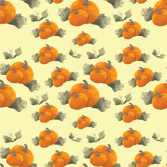 Autumn seamless pattern with bright autumn leaves and pumpkins. Vector. Seamless pattern of colorful pumpkins. Flat style. Vector illustration. pumpkins seamless pattern. Ornamental natural design.