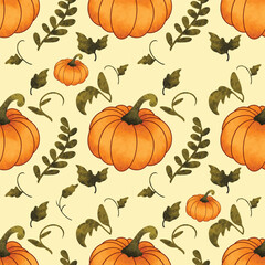 Autumn seamless pattern with bright autumn leaves and pumpkins. Vector. Seamless pattern of colorful pumpkins. Flat style. Vector illustration. pumpkins seamless pattern. Ornamental natural design.