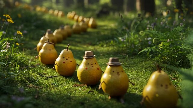 Row of whimsical ceramic gnomes in lush garden with vibrant greenery