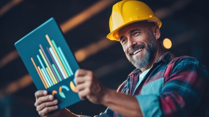 Construction worker analyzing data industrial site digital report indoor workspace close-up workforce efficiency