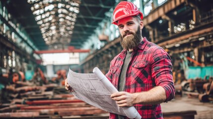 Construction worker reviewing blueprints factory setting portrait image industrial environment close-up view building projects