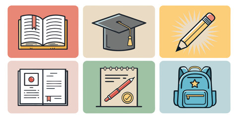 Education and Graduation Vector Icons – School, Notebook, and Cap