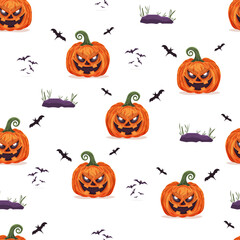 Creepy seamless Halloween pattern with pumpkins, bats and stones, perfect for wrapping paper, fabric, party decorations and spooky backgrounds
