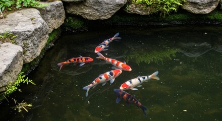 Colorful Japanese Koi Carp Fish Swimming in a Serene Garden Pond.