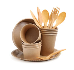 Set of disposable tableware isolated on white