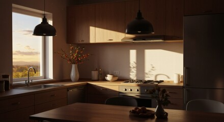 Cozy Kitchen Interior with Warm Sunlight and Scenic Window View.