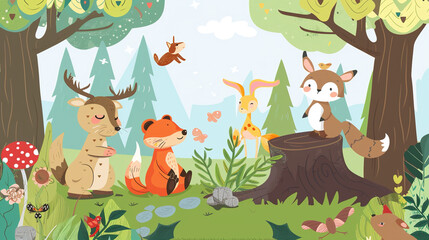 Naklejka premium This delightful cartoon backdrop transports viewers to a cheerful animal-inhabited forest, where fluffy rabbits hop near sun-dappled oak trees, colorful birds sing from twisted branches, and tiny squi