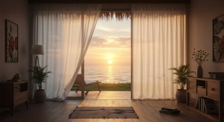 Cozy Living Room With Ocean Sunset View Through Sheer Curtains.