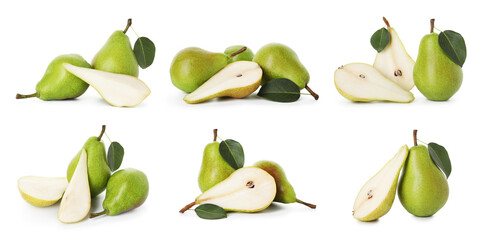 Fresh green pears isolated on white, set. Whole and sliced