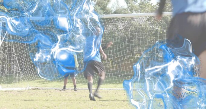 Defender tracking attacker dribbling triggers motion lines showing match analytics