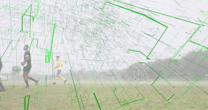 On grabbing ball yellow player advancing toward goal on soccer pitch while glitch lines overlaying