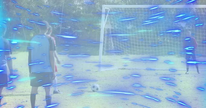 Penalty taker positioning ball on disc running kicking soccer drill shot with animated blue streak