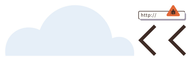 Cloud silhouette, malware alert symbol with a URL bar, and code brackets. Ideal for cybersecurity, data protection, cloud technology, internet safety, malware coding and online threats. Simple flat