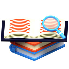 Open Book on Stack with Magnifying Glass Concept Illustration on Transparent Background for Reading Study or Investigation