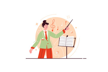 Cartoon Man Conducting Music with Baton in Light Green Suit on Transparent Background