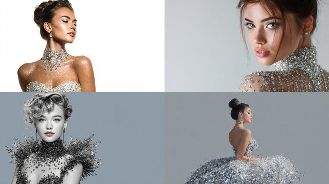 Composite image showcasing 4 women in glamorous gowns, highlighting detail. The gowns glisten with embellishments