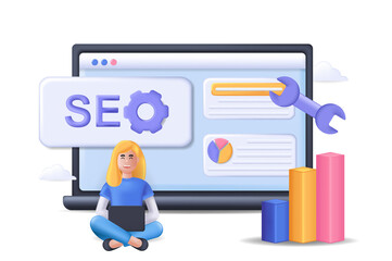 Optimized Seo Illustration Laptop with Blonde Woman Sitting near Bar Graph and Wrench on Transparent Background