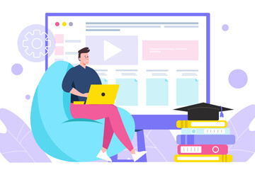 Online Education Vector Illustration Man Sitting in Beanbag Chair Using Laptop with Computer Stacked Books Graduation Cap and Light Purple Floral Accent