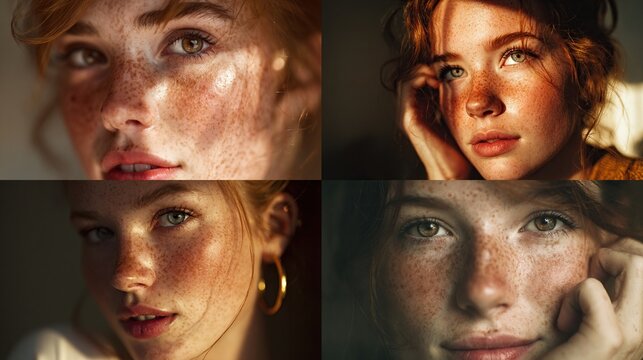 Four portraits of a young woman with red hair and freckles, each with different lighting and angles