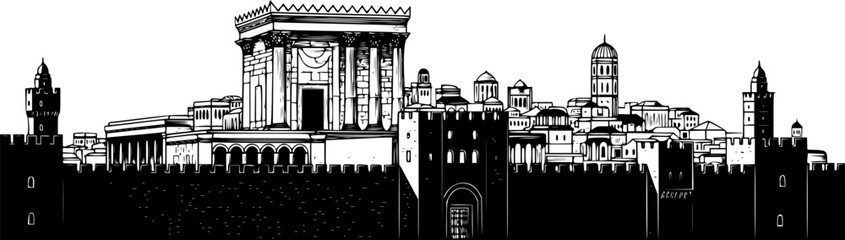Fototapeta premium Black Vector Silhouette: Jerusalem Skyline or Temple Facade 