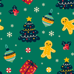 Festive Holiday Pattern with Christmas Trees Gingerbread Men and Ornaments on Green Backdrop