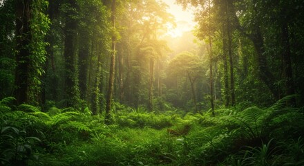 Obraz premium Lush Forest Canopy Sunlight Filtering Through Greenery.