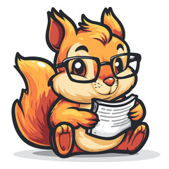Clever squirrel wearing tiny spectacles reading a paper in a colorful, playful 2D vector style design