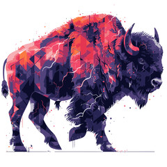 Bison with abstract lightning bolts in a vibrant, geometric style showcasing strength and energy