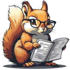 Clever squirrel wearing spectacles reads a book in a playful and charming illustration