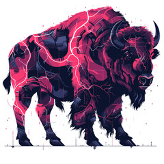 Bison outlined with abstract lightning bolts in vibrant colors shows the power of nature in vector design
