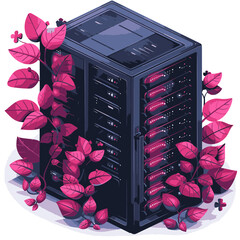 Complex server rack surrounded by vibrant vines in a unique digital design