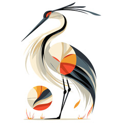 Crane bird standing gracefully on one leg in a vibrant, stylized illustration showcasing its elegant features