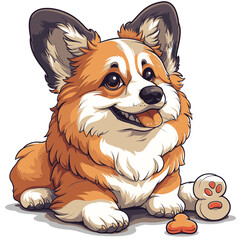 Corgi puppy relaxing beside a large toy in a simple and colorful illustration