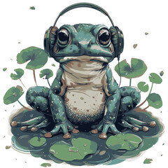 Frog wearing headphones relaxes on lily pads in a peaceful pond setting