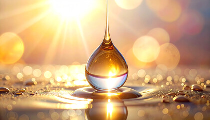 Liquid Gold's Radiance: A captivating close-up unveils a droplet of liquid gold, illuminated by the warm embrace of a brilliant light, signifying purity, value, and the essence of life.