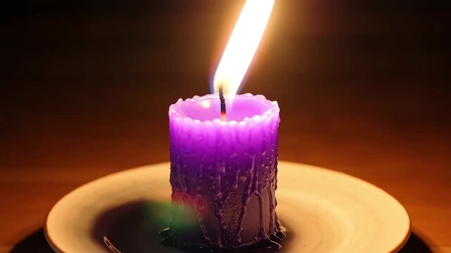 Vibrant purple candle with melting wax and a tall bright yellow flame, centered on a small ceramic plate in a warm, dark room