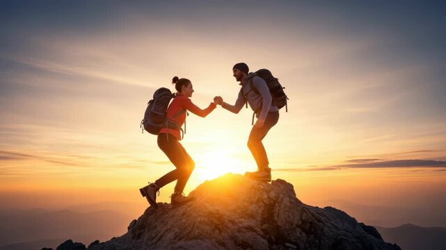 Two hikers man and woman assist each other while ascending rocky mountain at sunset They wear backpacks and outdoor apparel symbolizing teamwork and perseverance against vibrant sky