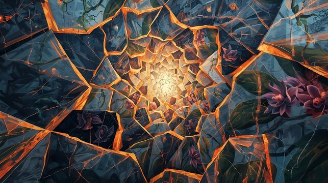 Fototapeta Abstract fractal explosion of molten lava and dark rock with glowing orange energy at the center