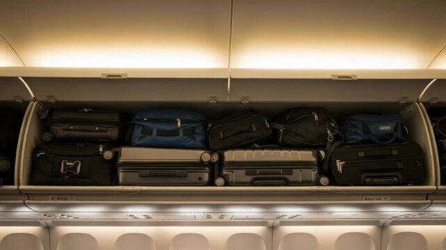 airplane overhead bin crammed with various carry-on bags Multiple black and grey suitcases blue duffel bags and smaller bags are neatly stowed Passengers heads and windows are below