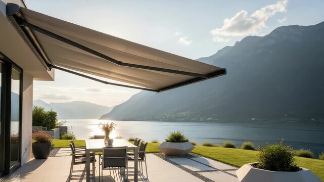 modern patio with retractable awning overlooks serene lake and majestic mountains An outdoor dining set on light tiles is bathed in warm sunset light Potted plants line the vibrant green lawn