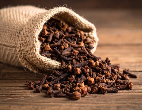 Fragrant dried whole cloves gracefully spilling from a natural woven bag onto a rustic wooden surface, highlighting the rich aroma and culinary versatility of this earthy spice