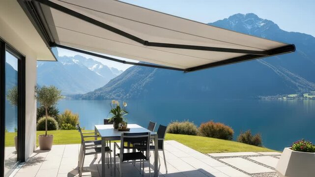 modern outdoor patio features cream retractable awning sleek dining set and geometric planters It overlooks vast calm mountain lake surrounded by lush green hills and snow-capped peaks