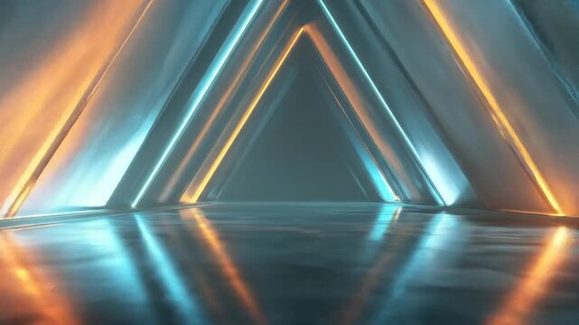Abstract futuristic neon light tunnel with glowing blue and orange triangular frames. Sci-fi digital render of a vibrant geometric corridor. - Powered by Adobe