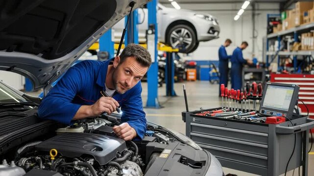 skilled mechanic in blue inspects car engine with flashlight in busy auto repair shop A tool cart with diagnostic equipment is nearby Other blurred mechanics work in the background with car on lift