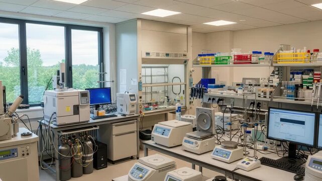 bright modern scientific lab showcasing diverse equipment chromatograph mass spectrometer centrifuges balances fume hood and computer workstations Shelves are full of colorful labware and reagents
