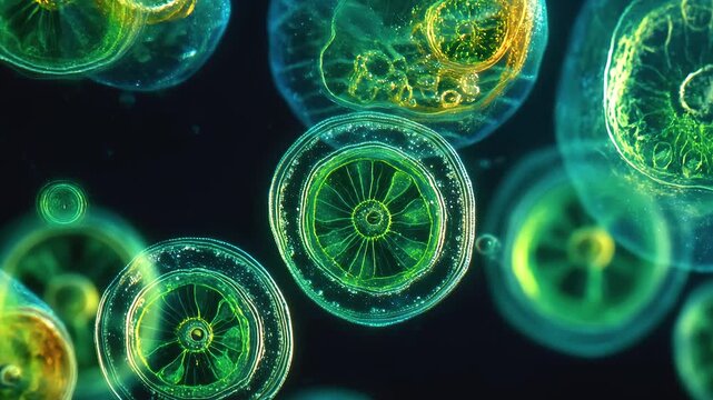 Microscopic phytoplankton floating dark aquatic marine water with glowing green and yellow intricate circular plankton structures showing vivid