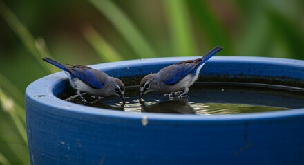 Two small blue and white birds drinking from a blue garden water basin.