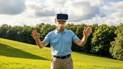 smiling senior man wearing dark VR headset stands outdoors in vibrant green field arms raised immersed in virtual experience Lush trees line the background under cloudy blue sky - Powered by Adobe
