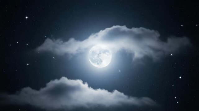 glowing full moon illuminates dark night sky filled with countless twinkling stars Wispy dark clouds gently frame the radiant lunar orb softly lit by its light serene celestial scene